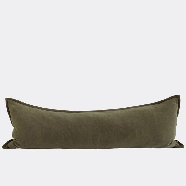 A full image of a velvet long lumbar cushion, in a warm khaki green by Eadie Lifestyle