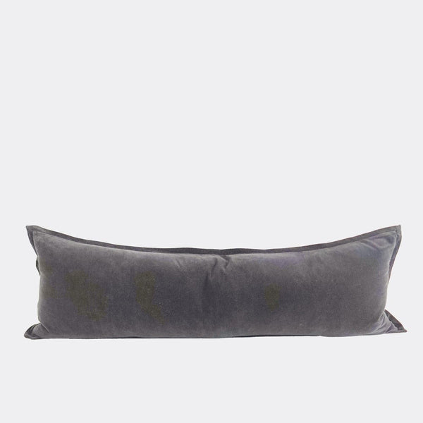 A full image of a velvet long lumbar cushion, in a soft grey-blue slate shade by Eadie Lifestyle
