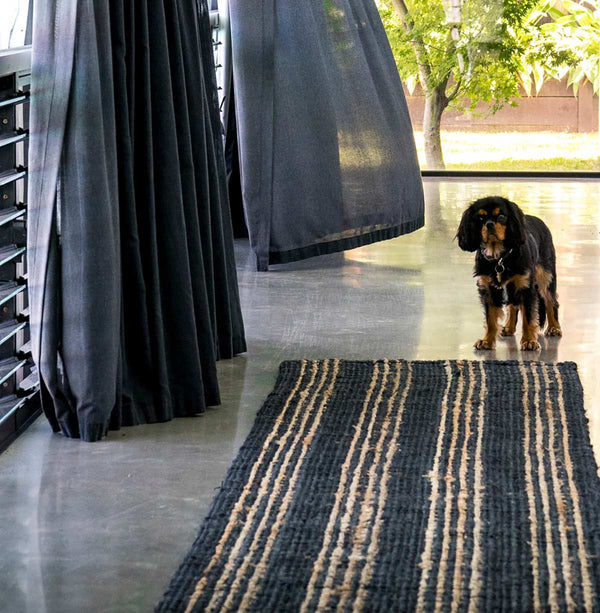 A dog standing at the end of a long hallway runner, in black and brown stripes, made of natural jute fibres.