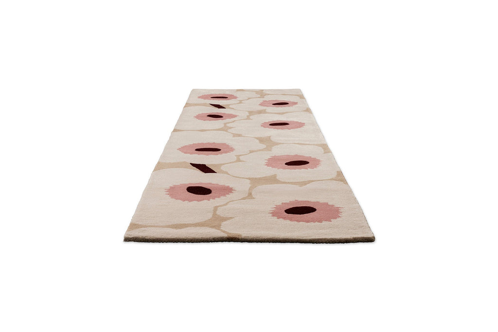 Perspective view of the Marimekko hallway runner rug in NZ wool with white, pink and beige