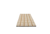 Perspective view of a Marimekko NZ wool beige runner rug with gold grid pattern 
