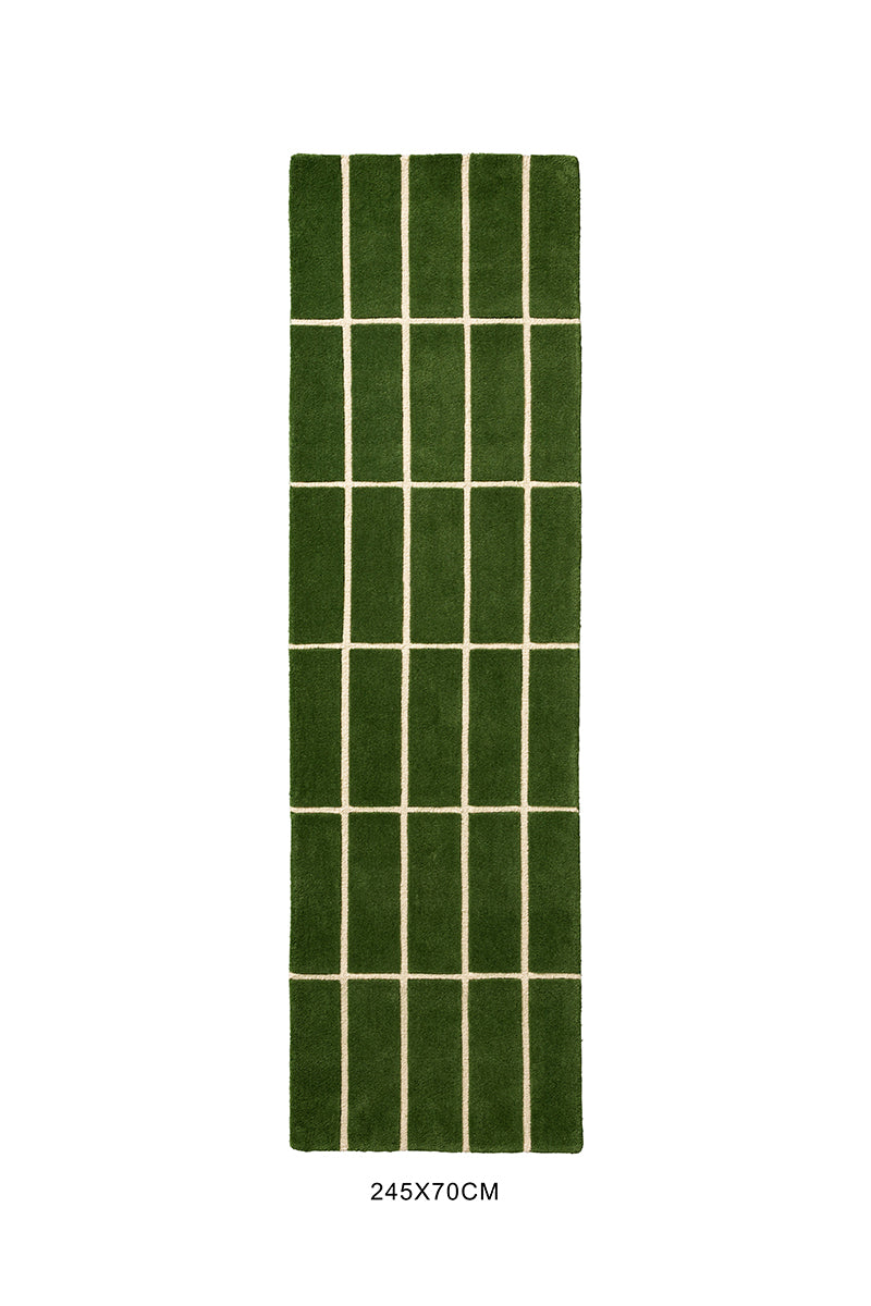 Top view of a green geometric Marimekko NZ wool runner rug 