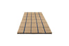 Perspective view of a Marimekko NZ wool runner rug with blue grid pattern on a beige  background 