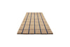 Perspective view of a Marimekko NZ wool runner rug with blue grid pattern on a beige  background