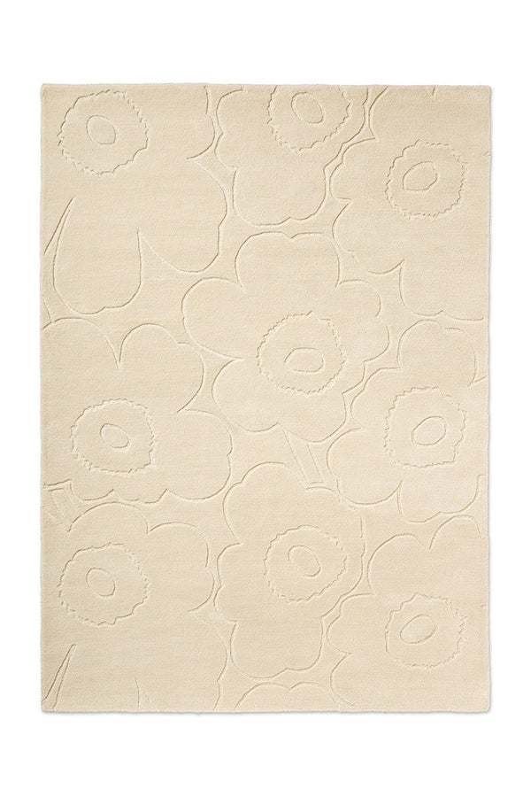 A creamy white Marimekko NZ wool rug with a subtle floral unikko graphic