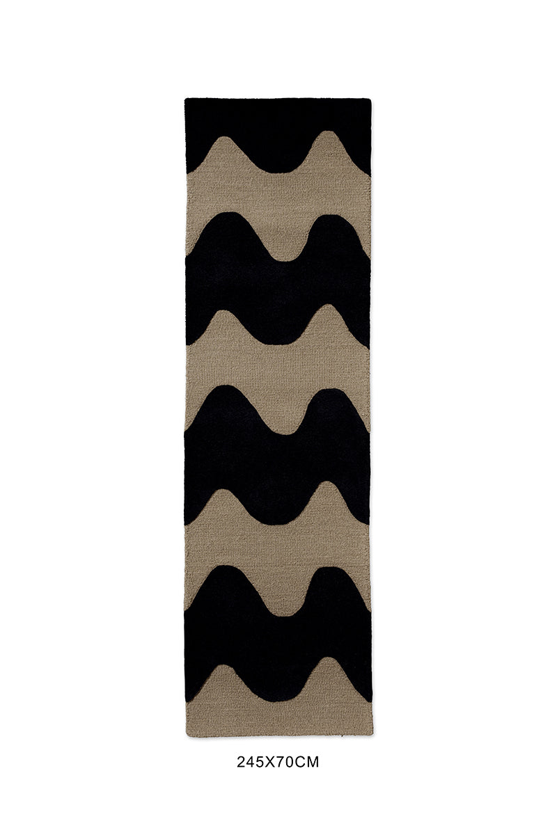 Rectangular Marimekko nz wool runner rug with black wavy pattern on beige background