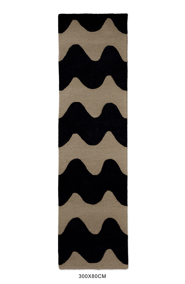 Rectangular Marimekko nz wool runner rug with black wavy pattern on beige background