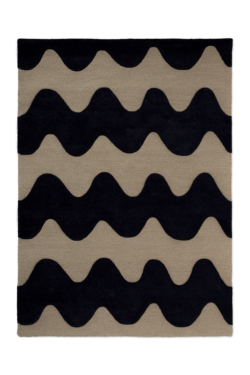 Marimekko NZ wool Rug with black wavy pattern on beige background