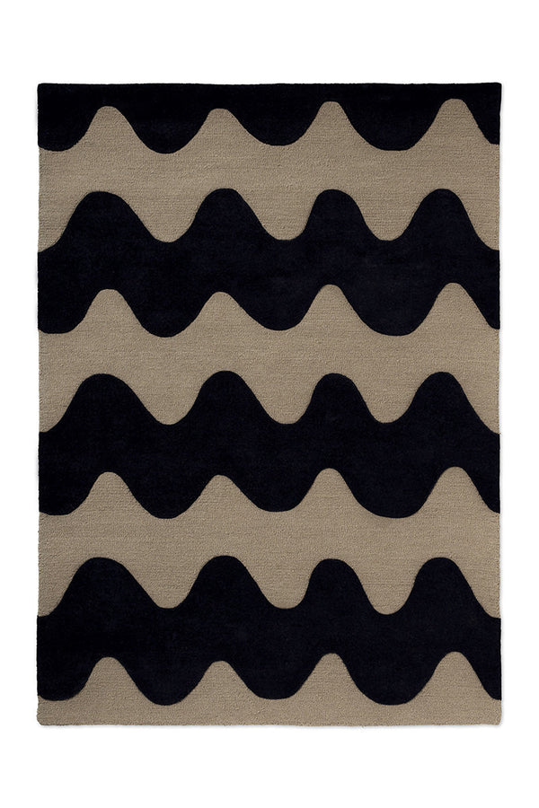 Marimekko NZ wool Rug with black wavy pattern on beige background