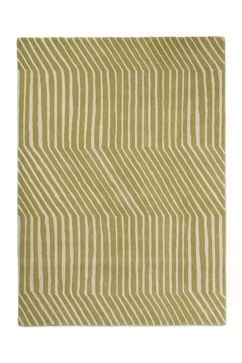 Marimekko green and white geometric striped rug on a white background