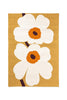 Marimekko outdoor rug with white flowers with orange centers on a mustard yellow background