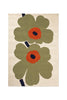 Marimekko outdoor rug featuring the iconic unikko floral design with green leaves and orange flowers on a beige background