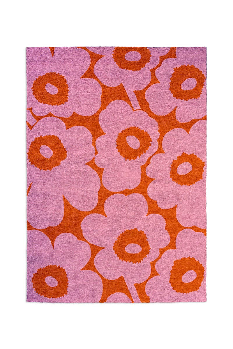 Marimekko Unikko outdoor floral patterned rug with pink and orange flowers