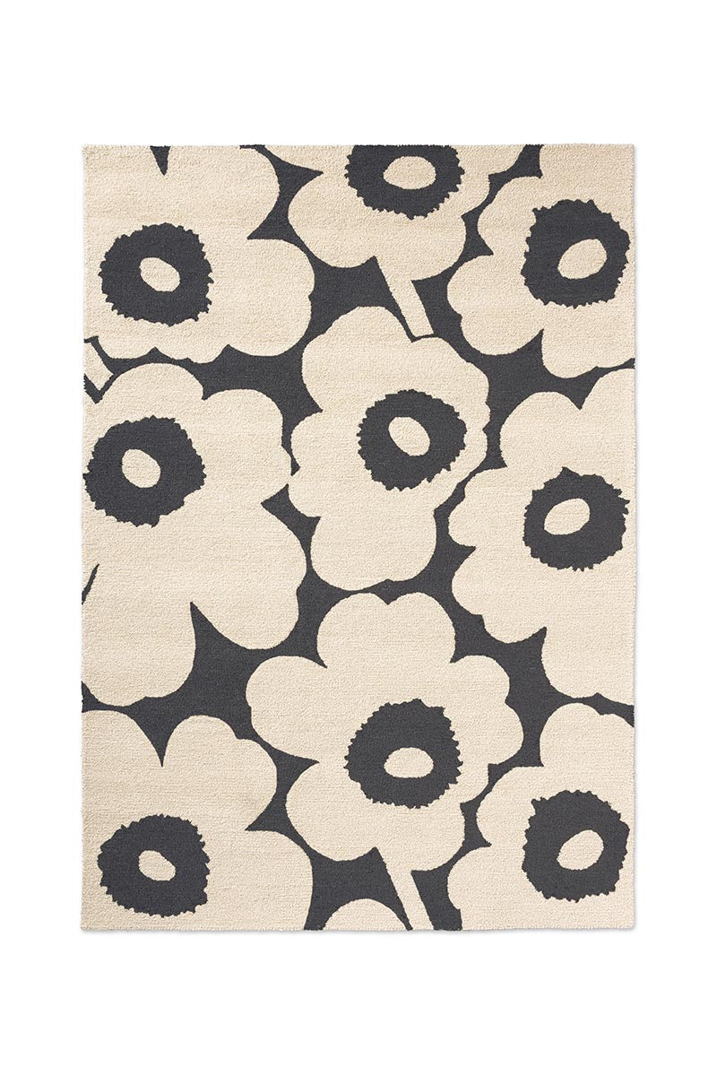 Floral patterned rug with black flowers on a beige background