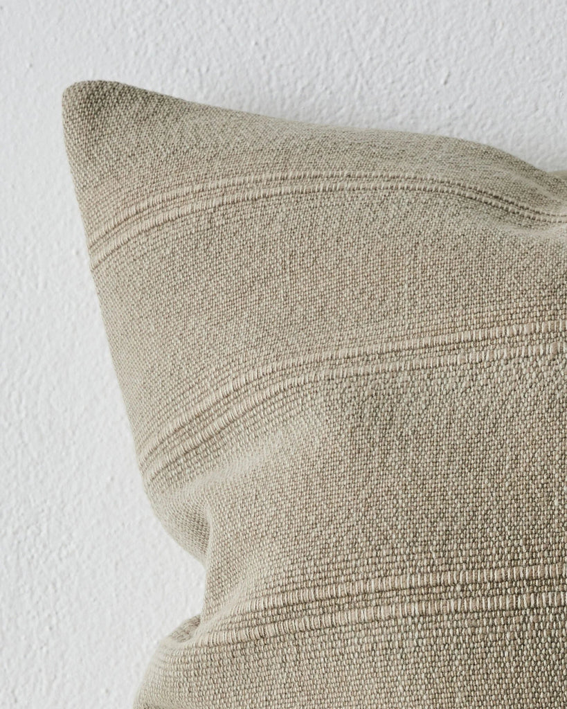 Close up of the woven stripe effect on the 'Palma' cushion in colour "Stone' by Weave Home nz.