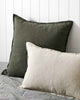 Weave Home NZ European Linen Cushions with panel detail, Khaki Green and Natural Linen cushions on a bed against a wall