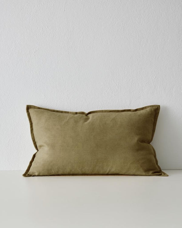 The Fiore lumbar cushion with flange edge, by Weave Home, in colour 'Sergeant' - a trending olive green.