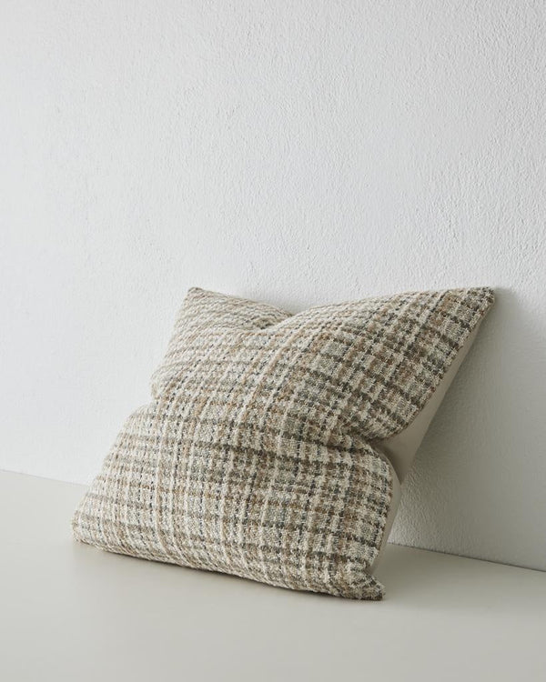 A woven cushion in creamy white, taupe and warm earthy tones - the Tripoli Fog by Weave, seen at 3/4 perspective