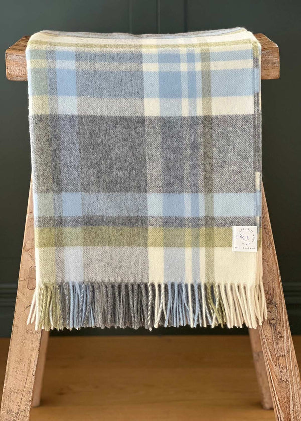 Blue, green, cream and grey NZ wool throw blanket by Exquisite Wool Traders