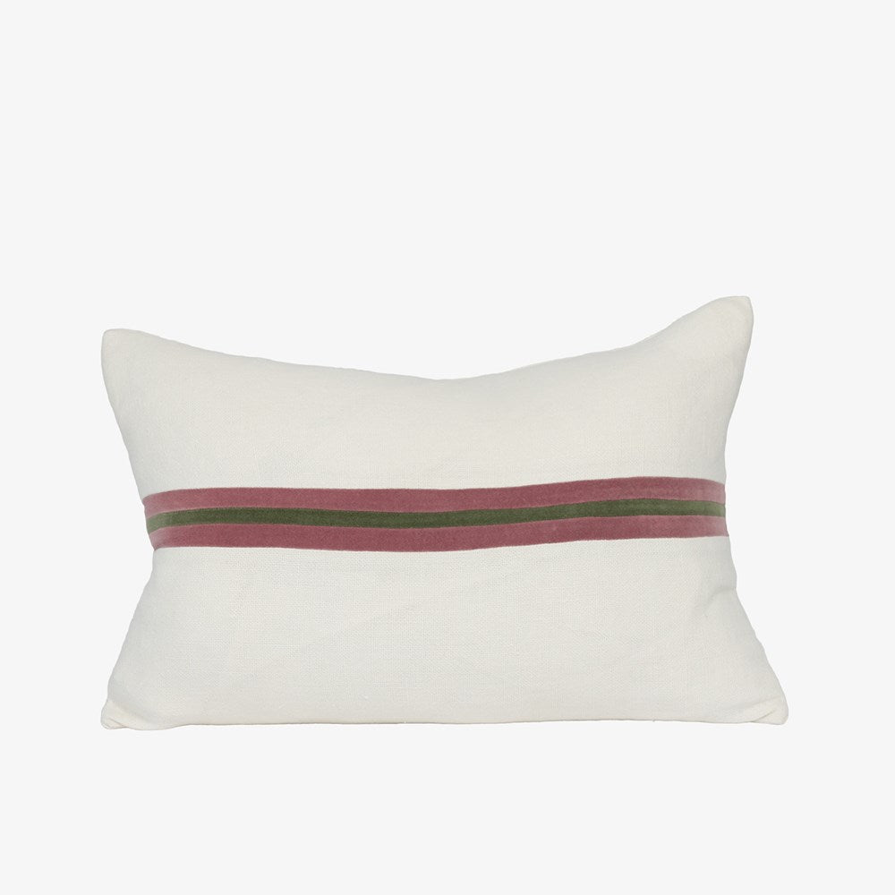 Eadie Lifestyle Ribbon linen cushion in White, Burgundy and Green, 40 x 60cm lumbar, velvet centre stripe