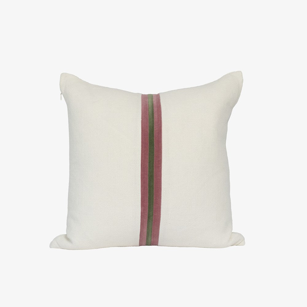 Eadie Lifestyle Ribbon linen cushion in White, Burgundy and Green, 50 x 50cm, velvet centre stripe