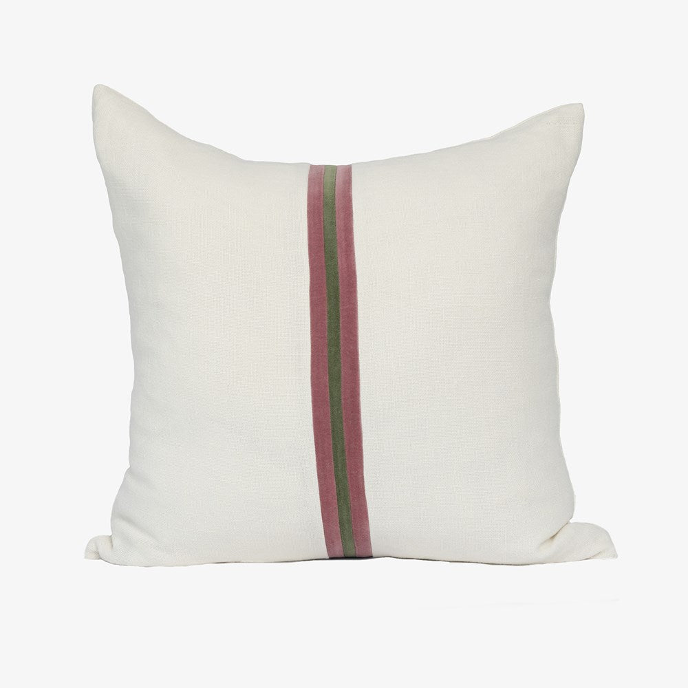 Eadie Lifestyle Ribbon linen cushion in White, Burgundy and Green, 60 x 60cm, velvet centre stripe