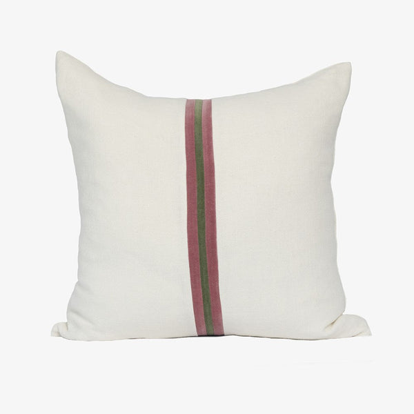 Eadie Lifestyle Ribbon linen cushion in White, Burgundy and Green, 60 x 60cm, velvet centre stripe