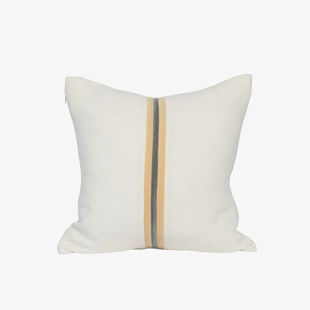 Eadie Lifestyle Ribbon linen cushion in White, Butter and Grey, 50 x 50cm, velvet centre stripe