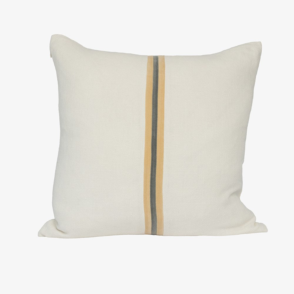 Eadie Lifestyle Ribbon linen cushion in White, Butter and Grey, 60 x 60cm, velvet centre stripe