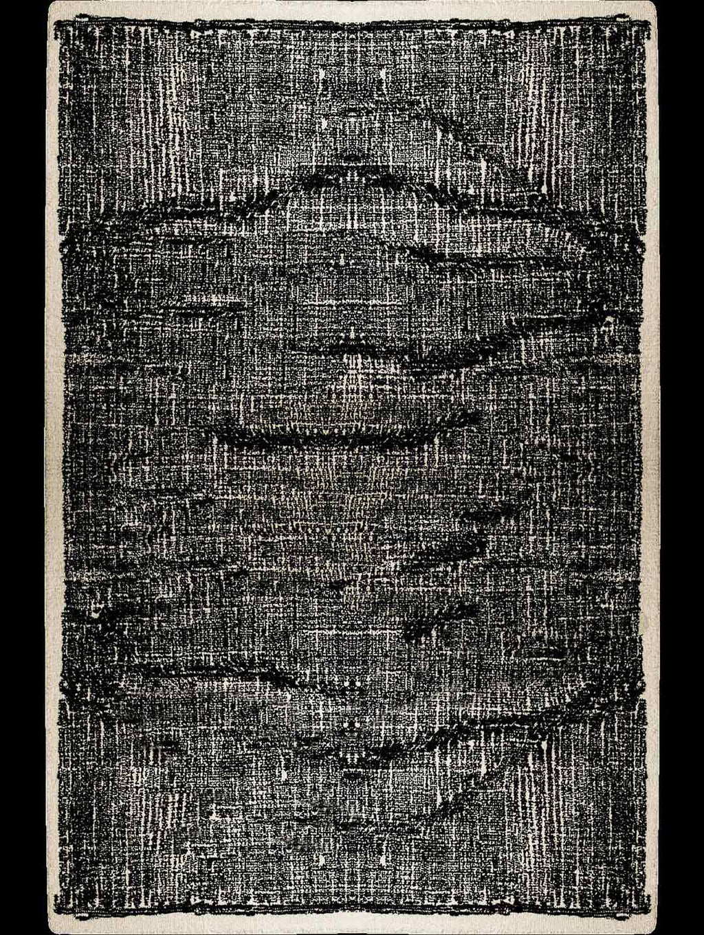 Full view of the black and white Elio 100% wool rug by Tribe Home, shown from above
