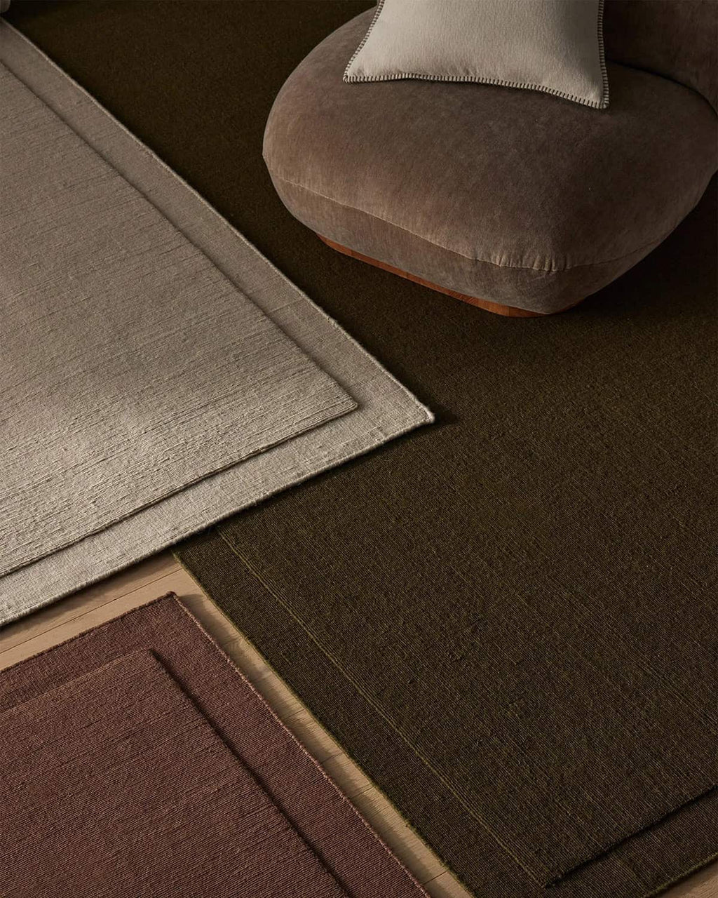 Three beautiful NZ wool rugs called 'Cassio' in beige, burgundy and chocolate brown.