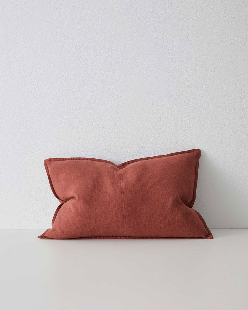 Sienna Red-Brown Rust Como Linen Cushion with panel detail, by Weave Home NZ. Size: 40cm x 60cm Lumbar