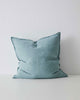 Mineral Soft Blue Como Linen Cushion with panel detail, by Weave Home NZ. Size: 60cm x 60cm