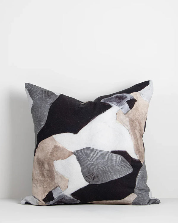 Abstract patterned cushion in 100% cotton, with greys, browns and white tones,  by Baya nz