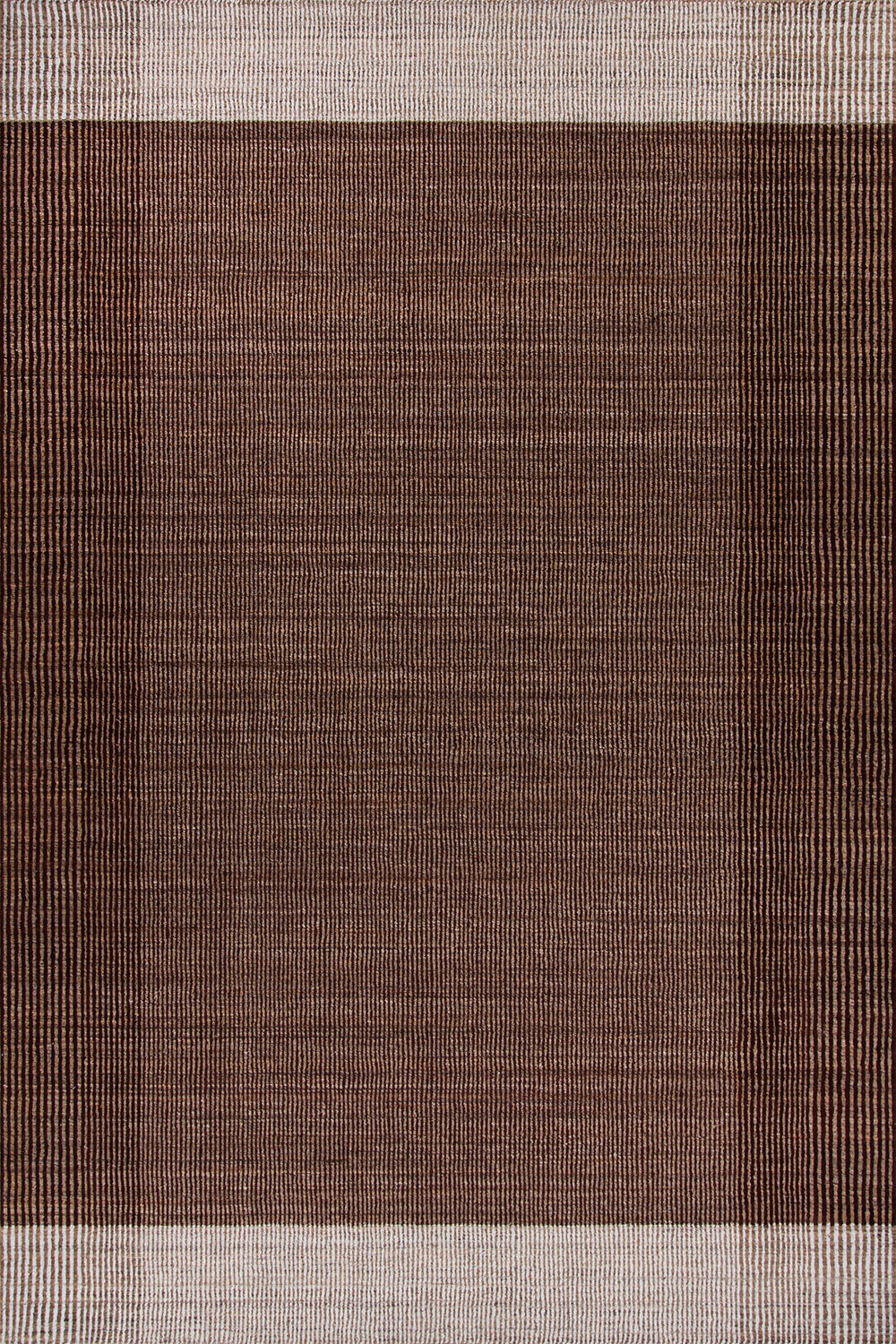 Baya Bedrock Indoor and Outdoor Floor Rug in Claret, full flat-lay view of the whole rug on a white background, showing the deep rust-brown field framed by a pale striped border top and bottom.