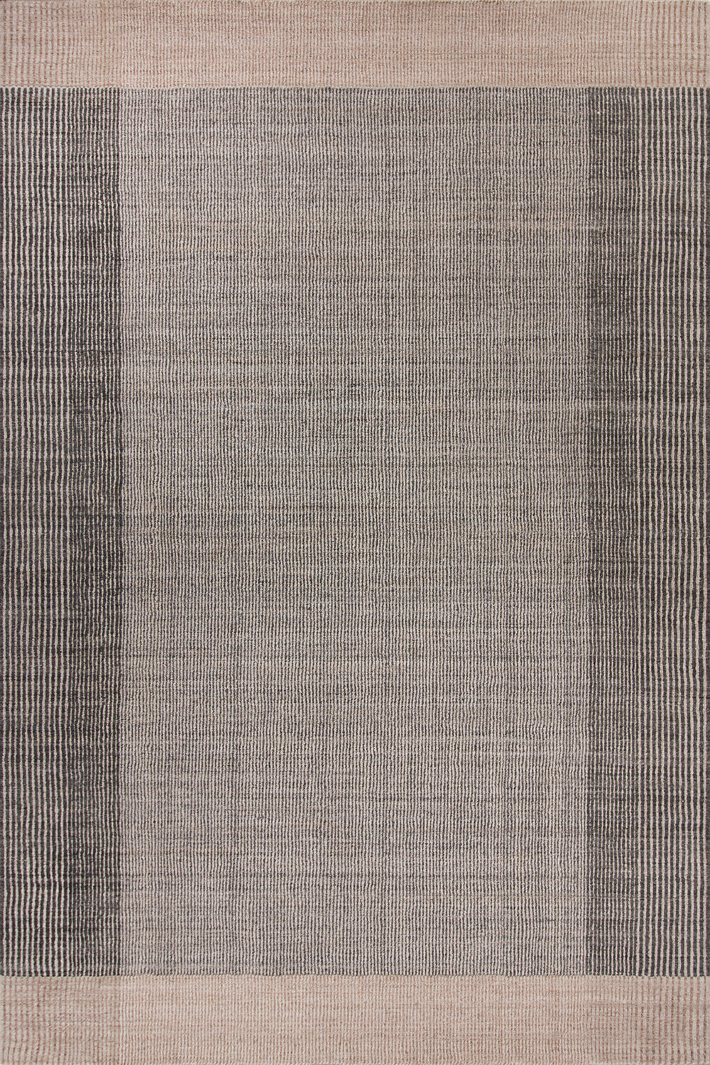 Baya Bedrock Indoor and Outdoor Floor Rug in Zinc, full flat-lay view of the whole rug showing the grey field with darker charcoal side stripes and a pale sand border framing top and bottom.