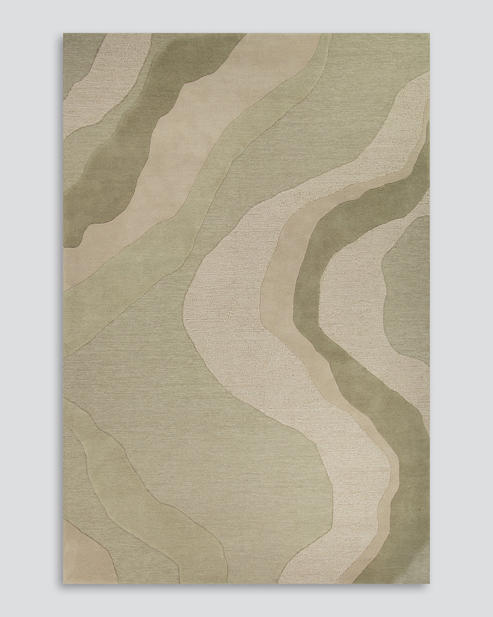 Baya Edgewater NZ wool floor rug in Pistachio, rectangle, full flat view on a plain background, showing the sage and cream waves.