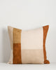 Baya Piazza Cushion in Multi on a plain background, showing the colour-block panels in rust, ochre and natural.