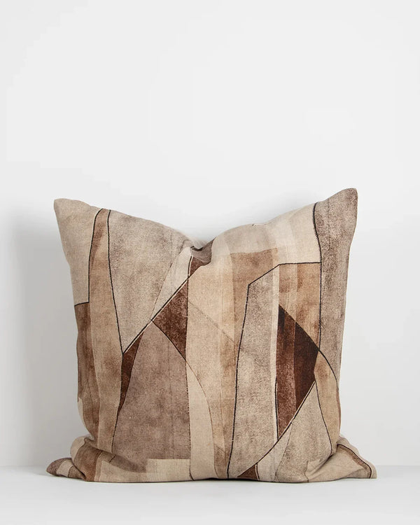 Brown patterned cushion featuring an abstract print design on 100% linen, by Baya nz