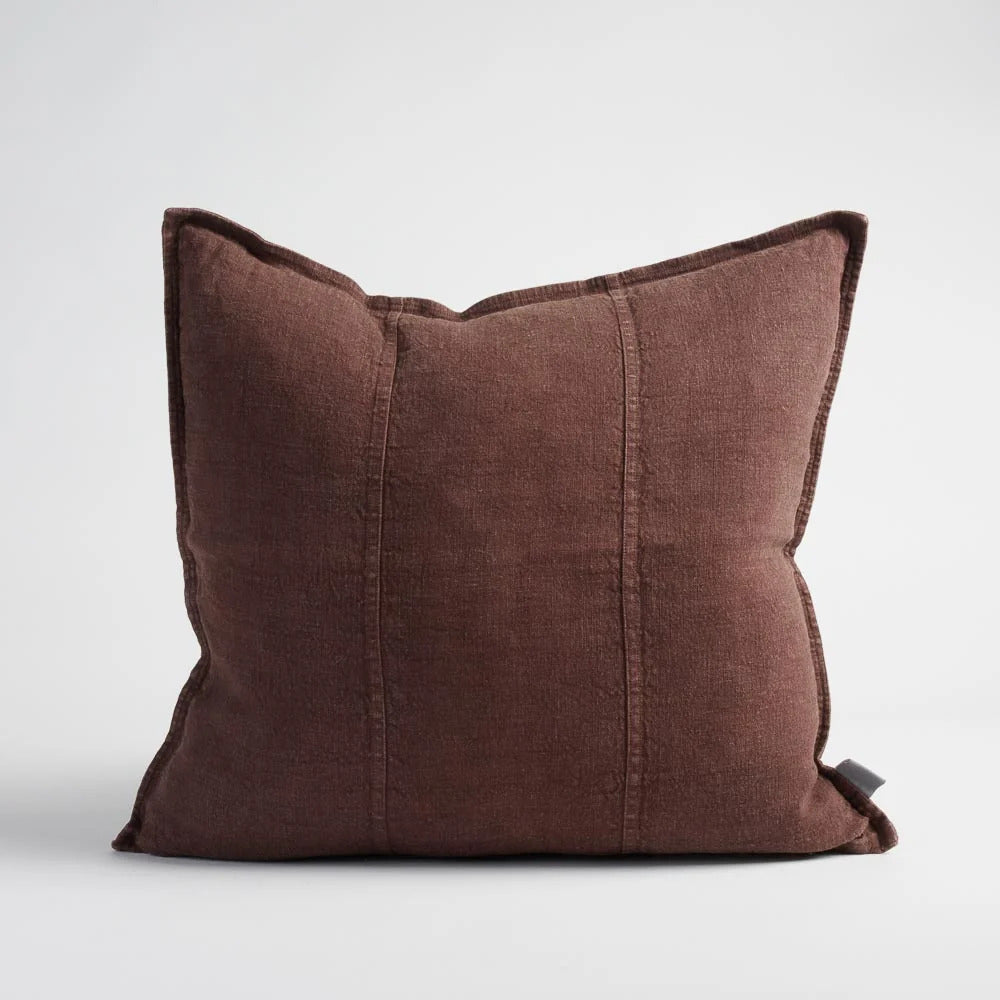Eadie Lifestyle Luca linen cushion in Chocolate, square, shown alone on a plain background.