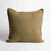 Eadie Lifestyle Luca linen cushion in Olive, square, on a plain background.