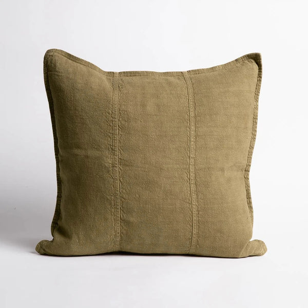 Eadie Lifestyle Luca linen cushion in Olive, square, on a plain background.