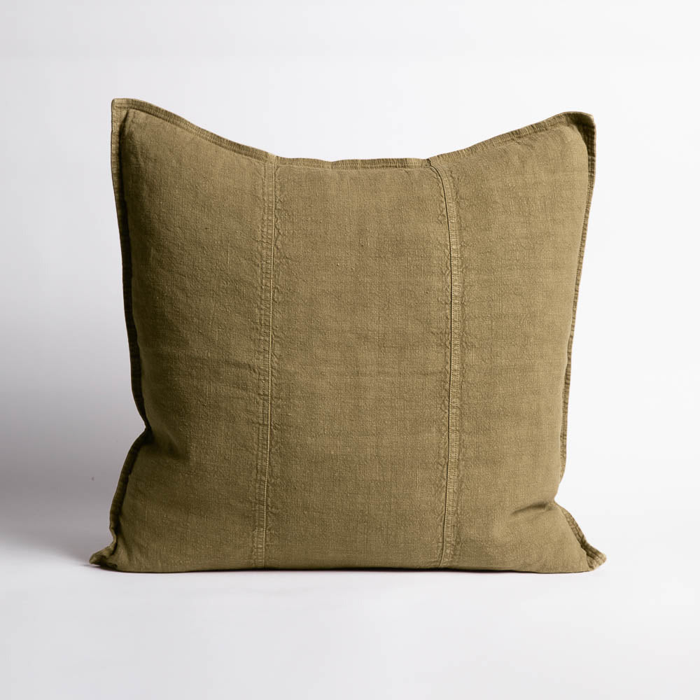 Eadie Lifestyle Luca linen cushion in Olive, square, shown alone on a plain background.