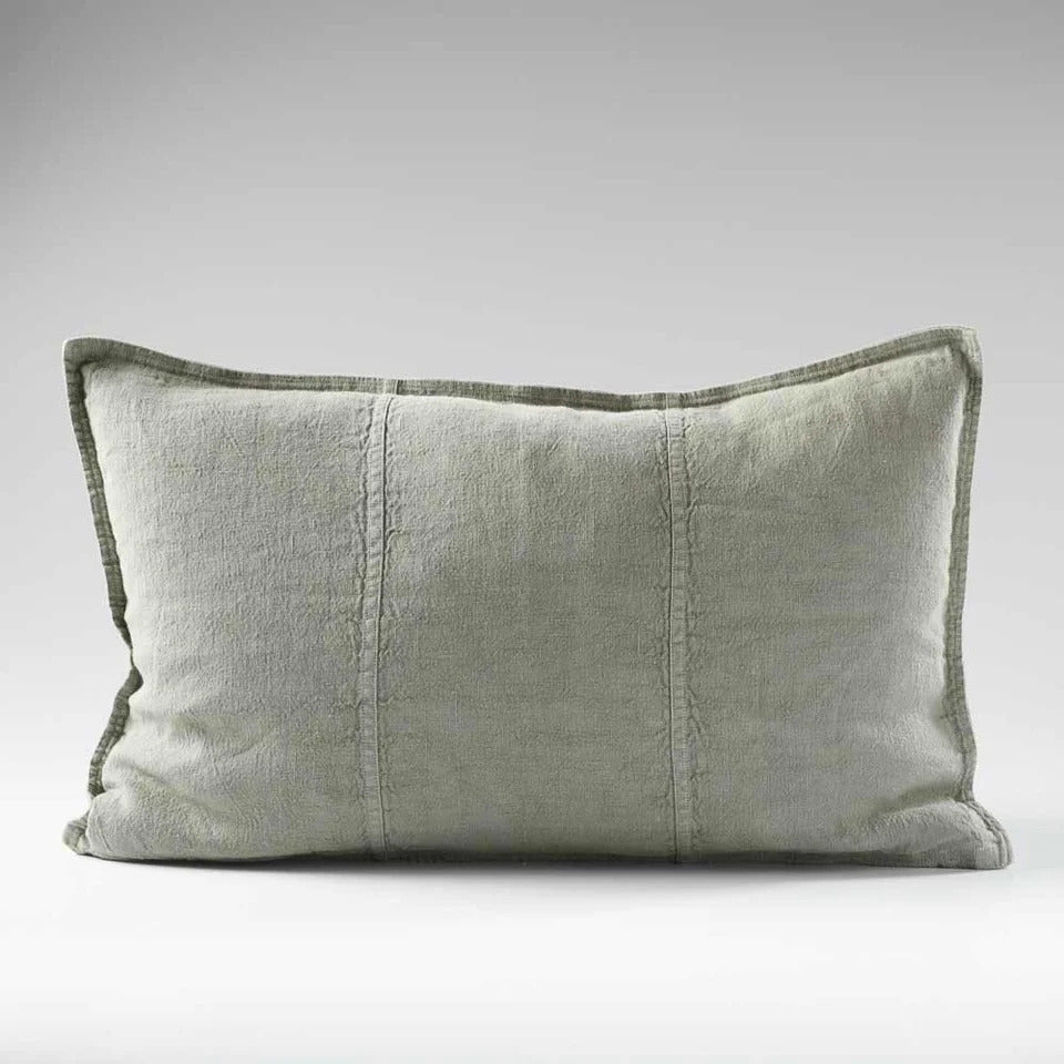 Eadie Lifestyle Luca linen cushion in Pistachio in the 40 x 60cm size, on a plain background.