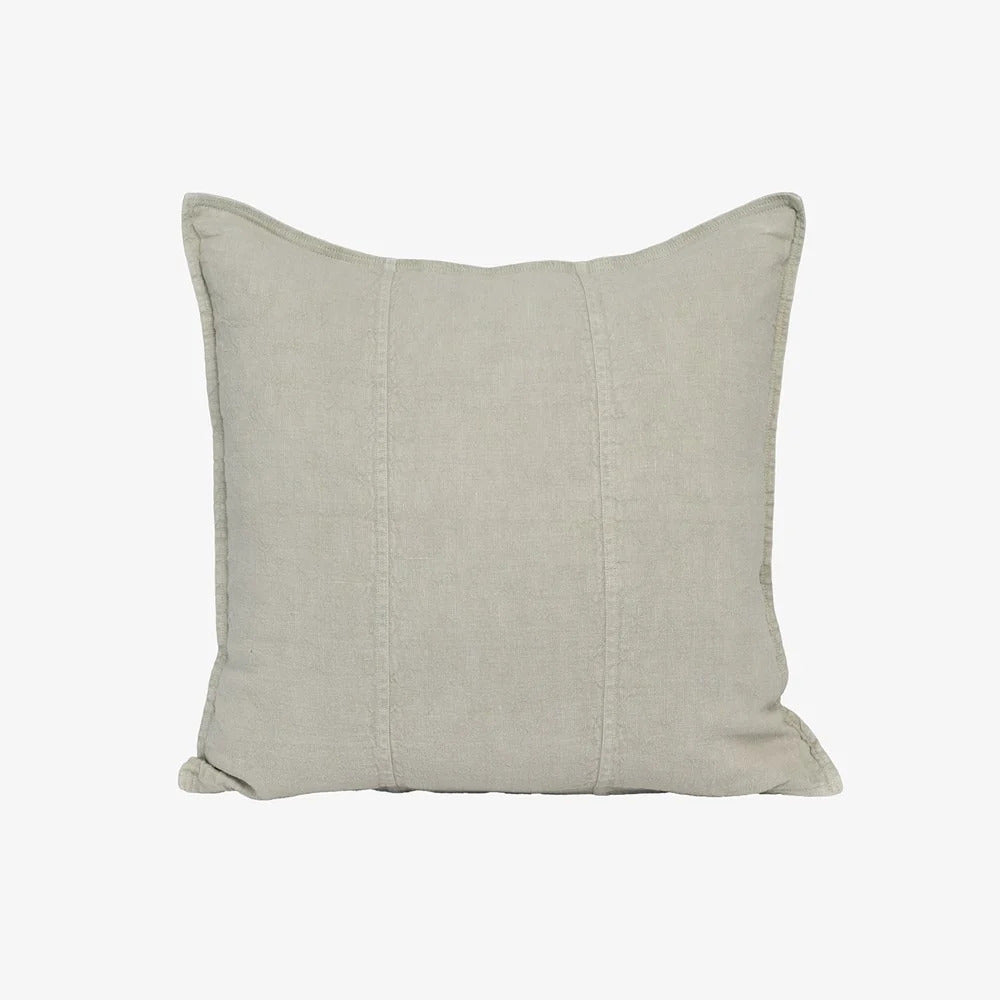 Eadie Lifestyle Luca linen cushion in Putty, square, on a plain background.