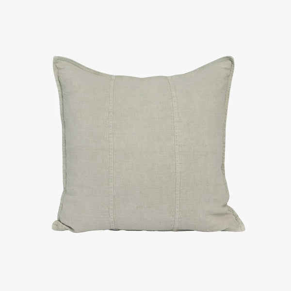 Eadie Lifestyle Luca linen cushion in Putty, square, on a plain background.