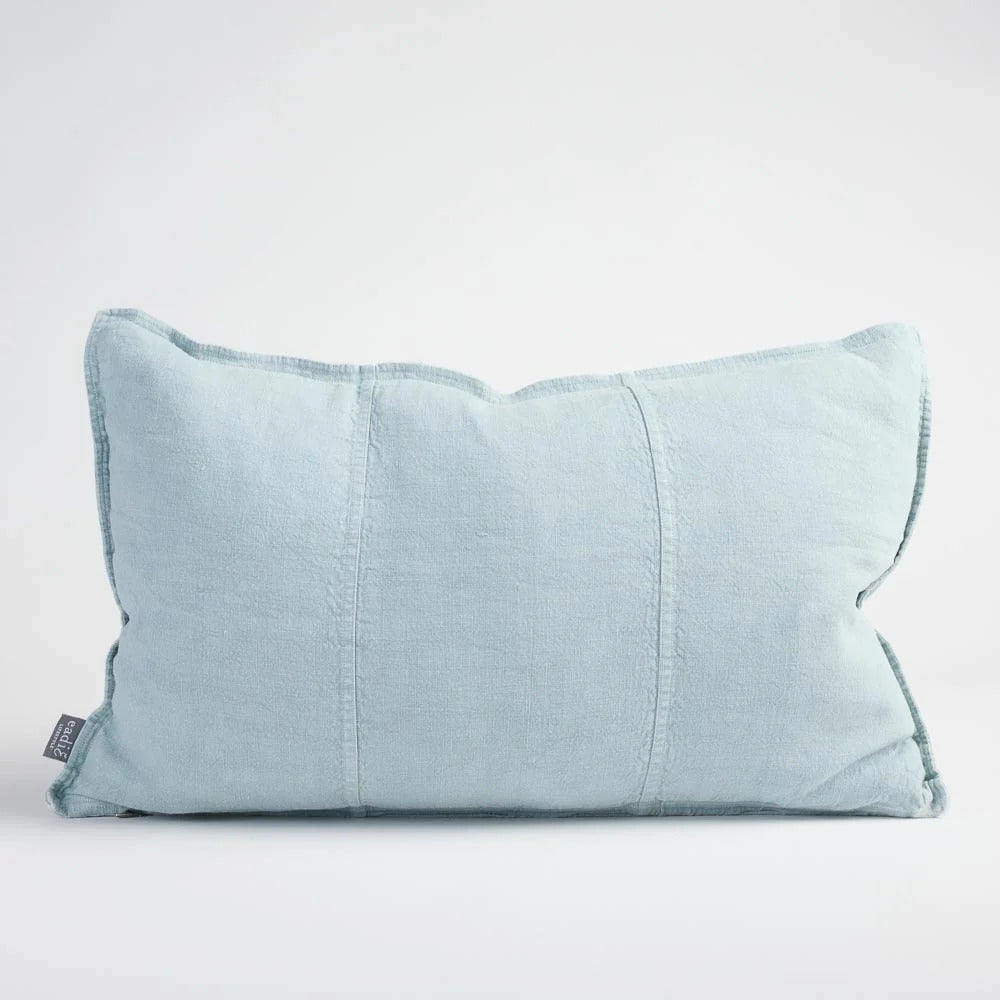 Eadie Lifestyle Luca linen cushion in Sky, rectangular 40 x 60cm size, on a plain background.