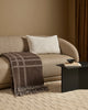 Beige sofa with a brown plaid wool throw blanket in a living room setting.