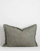 Sage green lumbar cushion with soft fringed detail surround, by Baya nz