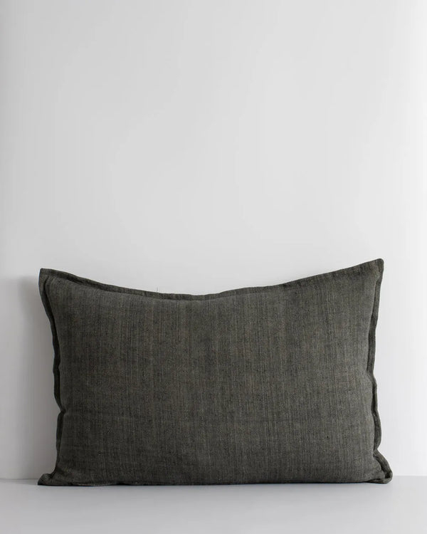 Linen lumbar cushion in a charcoal with green undertones, by Baya nz